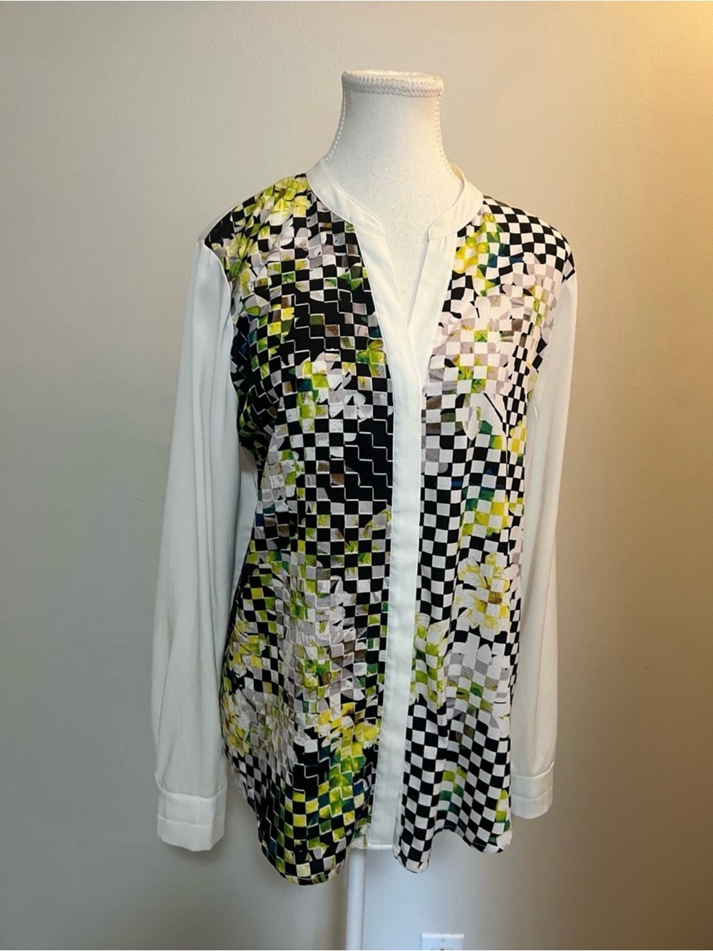 Ivanka Trump Black White Green Floral Checkered Blouse
